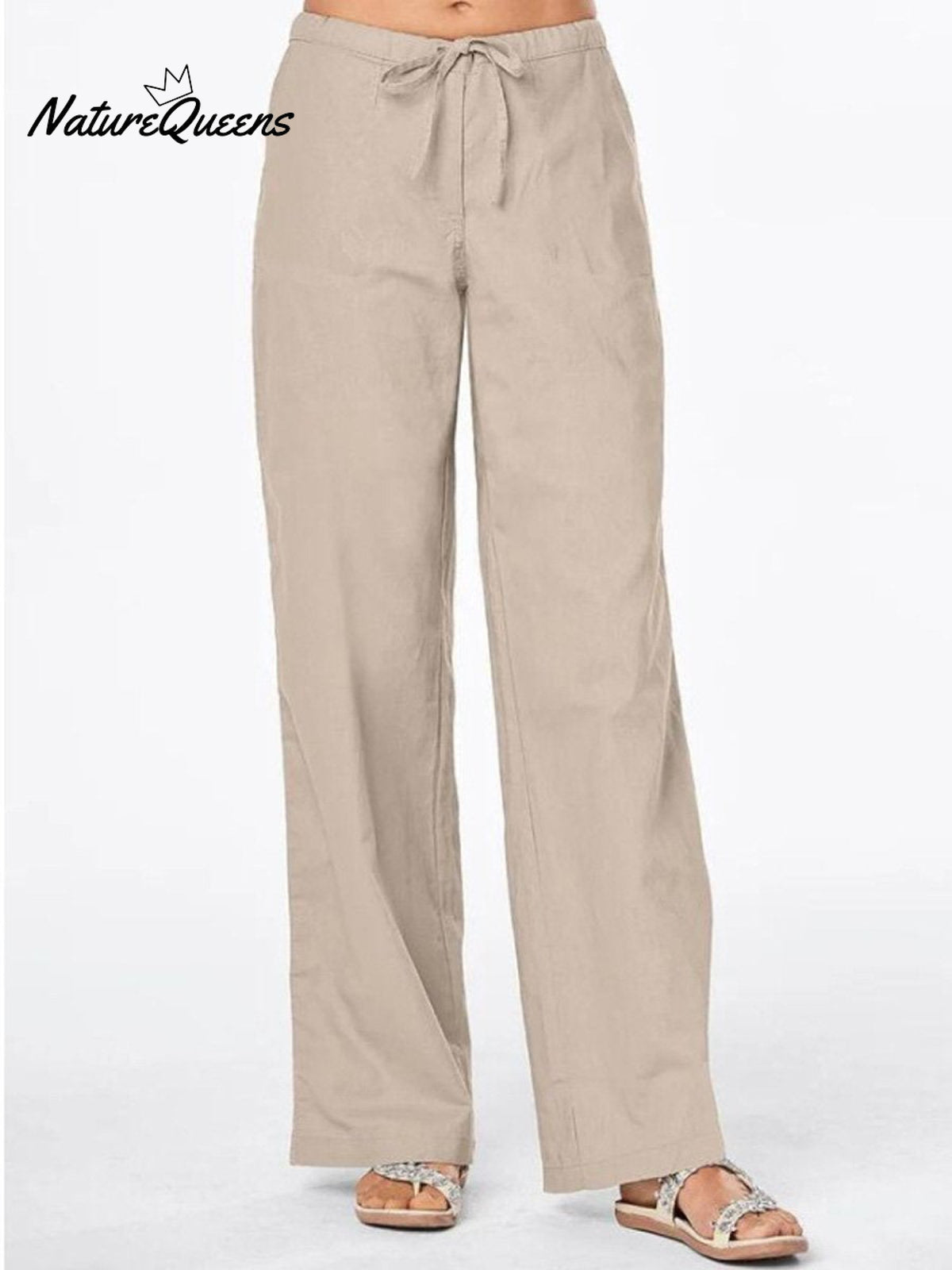 Women’s Solid Colour Tie Casual Wide Leg Linen Pants Khaki / S