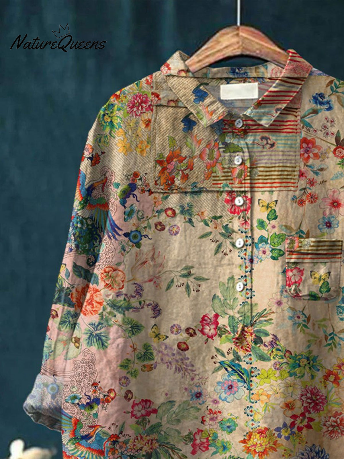 Women's Retro Flower Art Print Casual Cotton And Linen Shirt