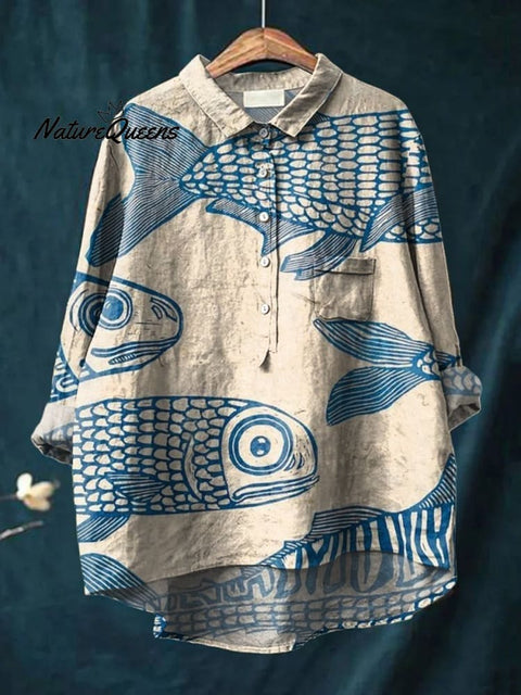 Women's Blue Minimalist Line Fish Print Casual Cotton And Linen V-neck Shirt