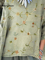 Women’s Retro Elegant Floral Art Print Casual Cotton And Linen Shirt