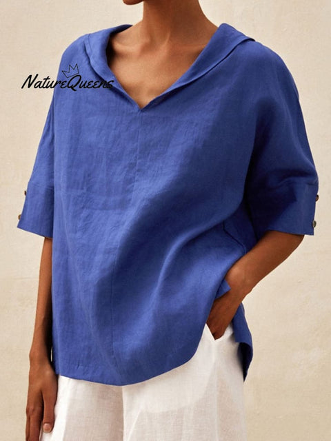 Women’s Casual Linen V-Neck Shirt Blue / S