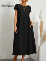 Women’s Solid Color Cotton Linen Round Neck A - Line Dress Black / S