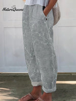 Women’s Flowers And Leaves Art Pattern Printed Cotton Linen Casual Pants Gray Blue / S