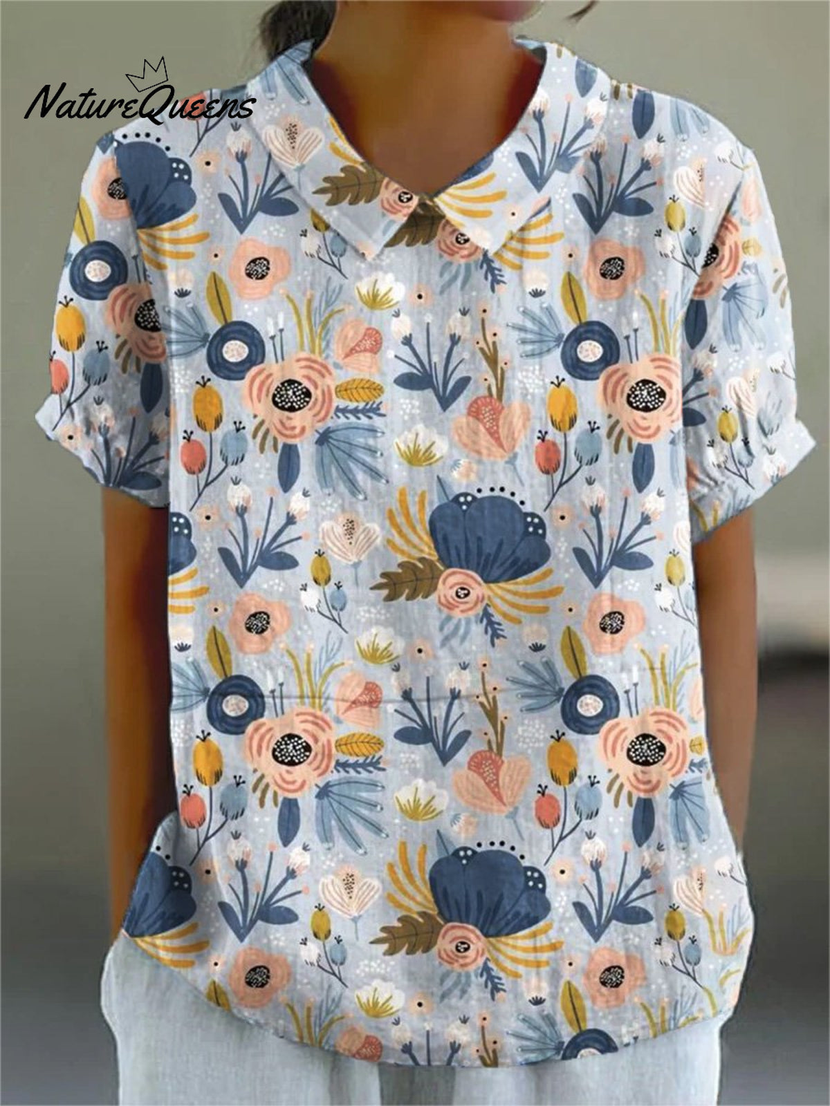 Women’s Flower Art Print Casual Cotton And Linen Shirt Multicolor / S