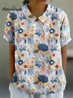 Women’s Flower Art Print Casual Cotton And Linen Shirt Multicolor / S