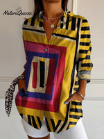 Women's Yellow Yellow Color-block Abstract Figure Print Casual Cotton Shirt