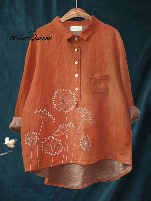 Women's Floral Art Print Casual Cotton And Linen Shirt