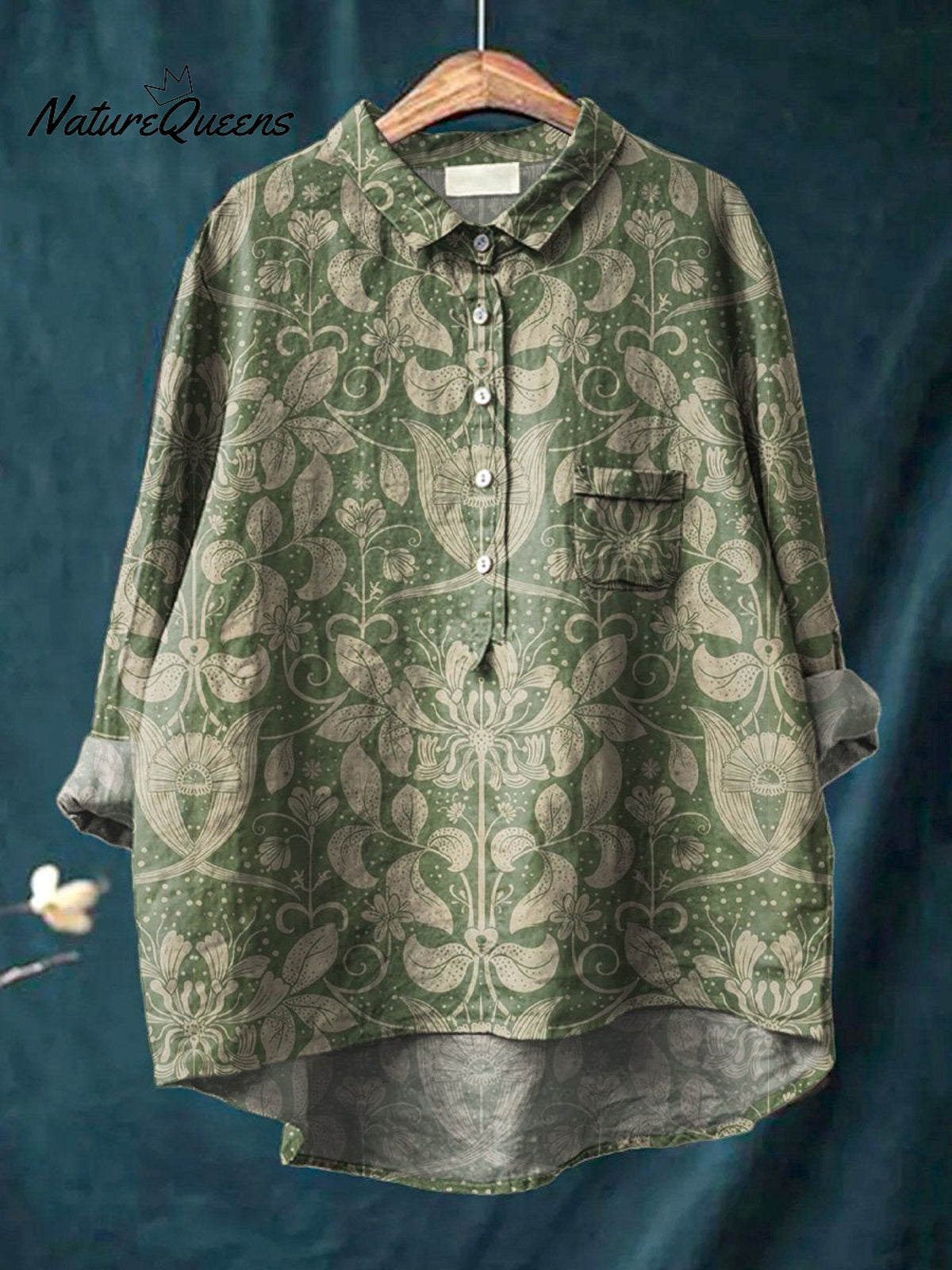 Symmetrical Botanical Floral Pattern Printed Women's Casual Cotton And Linen Shirt