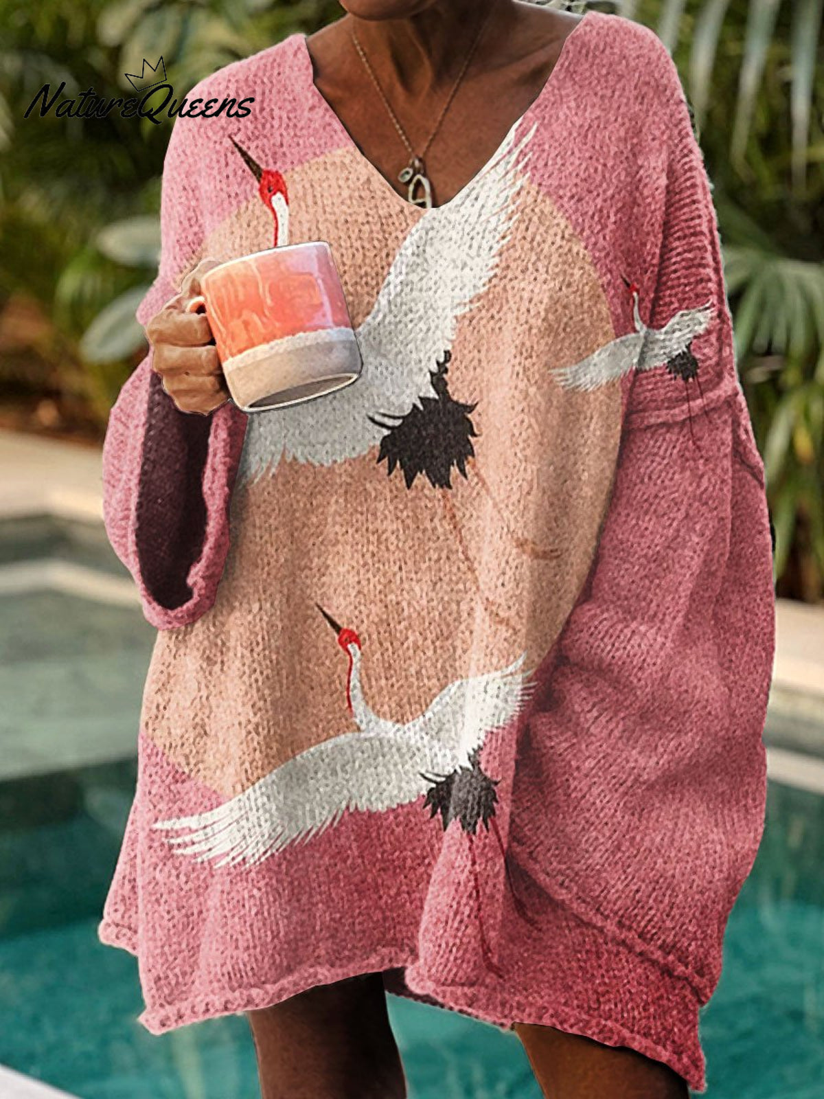 Women's Vintage Birds Crane Art Print Casual Pullover Sweater