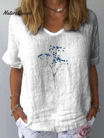 Simple Style Blue Gypsophila Floral Printed Women’s Casual Cotton And Linen Shirt White / S