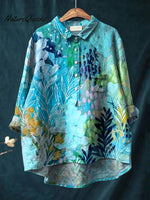 Watercolor Summer Grove Printed Women's Casual Cotton And Linen Shirt