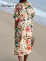 Women's Orange Floral Print Pocket Linen Dress