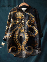 Women's Vintage Octopus Art Print Casual Cotton And Linen Shirt