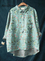 Women's Floral Art Print Casual Cotton And Linen Shirt