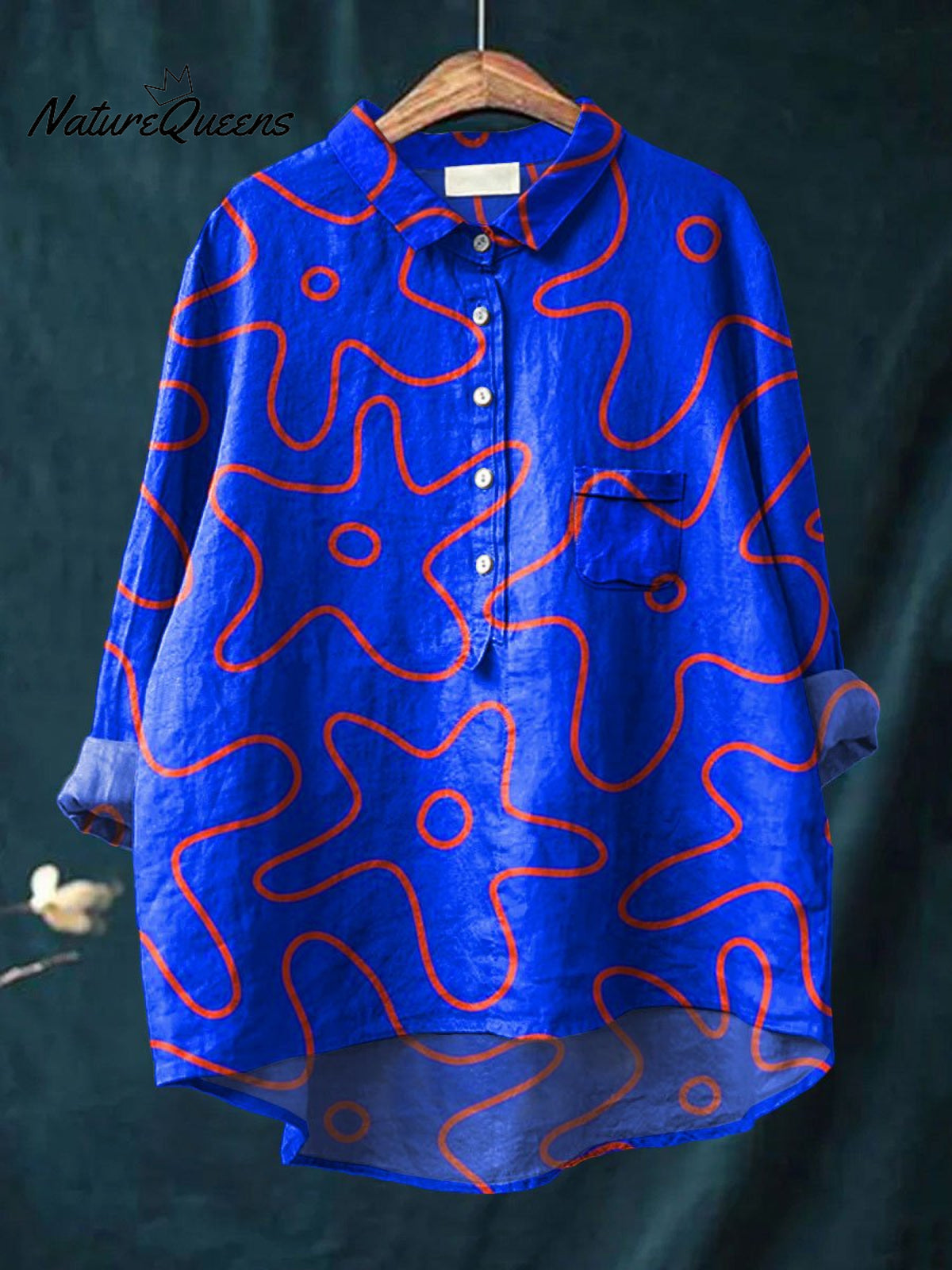 Women's Abstrct Flower Art Print Casual Cotton And Linen Shirt