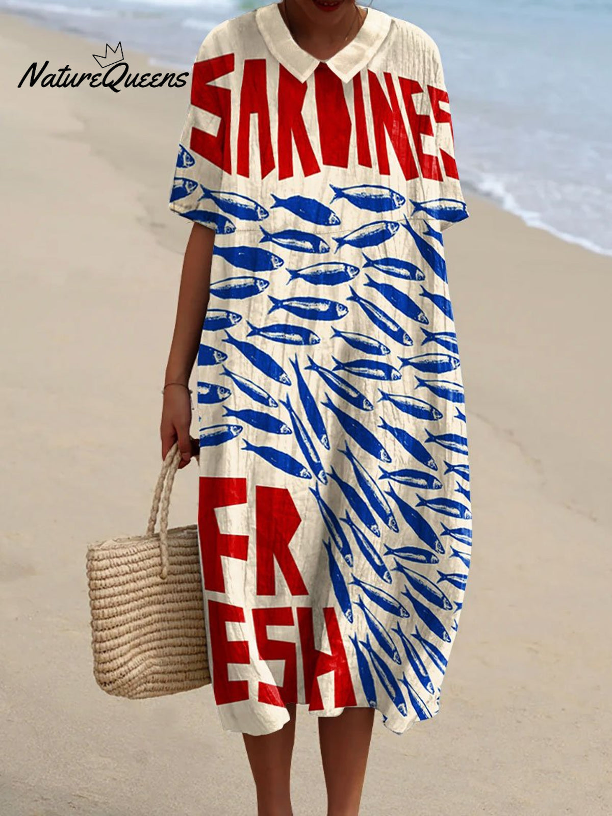 Women's Vintage Fish Sardines Art Print Pocket Linen Dress（Convertible Dress With Front And Back Option）