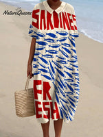 Women's Vintage Fish Sardines Art Print Pocket Linen Dress（Convertible Dress With Front And Back Option）