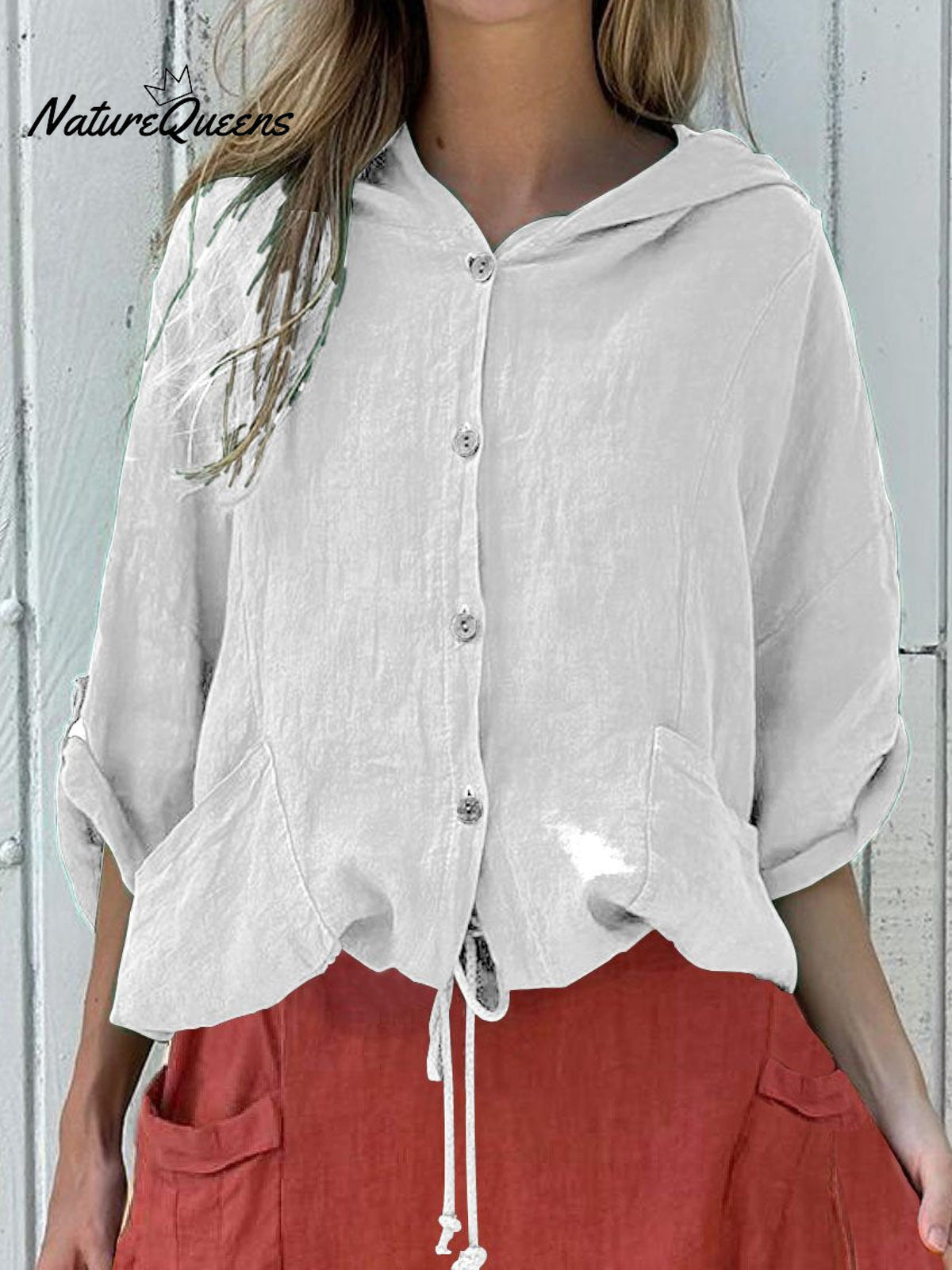 Women’s Hooded Drawstring Linen Casual Blouse White / S