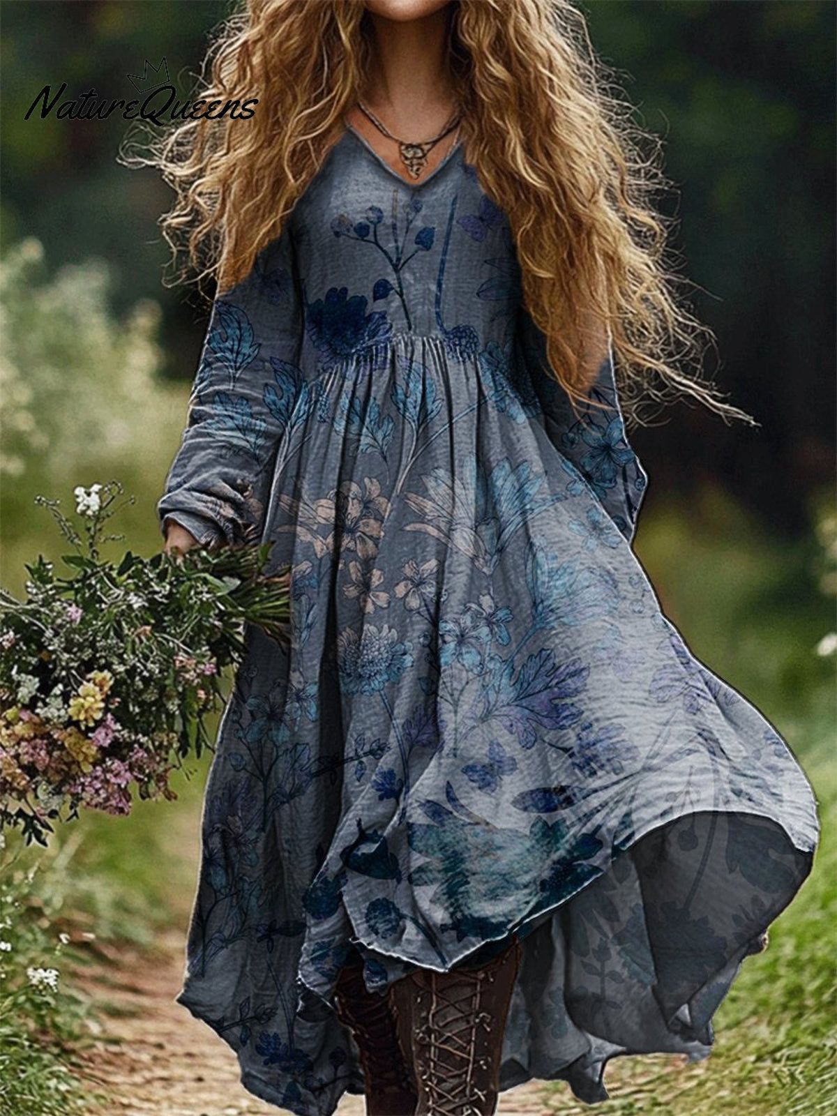 Women's Boho Floral Art Pattern Print V Neck Pocket Cotton Dress