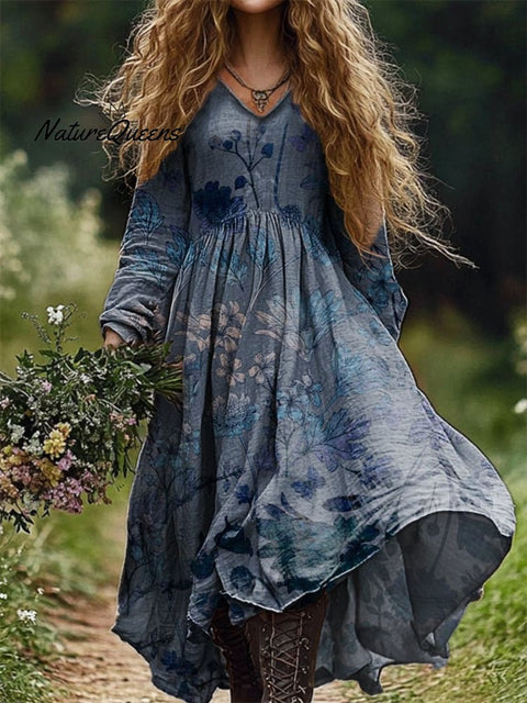 Women's Boho Floral Art Pattern Print V Neck Pocket Cotton Dress