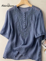 Women’s Retro Embroidery Round Neck Thin Blouse Blue / M