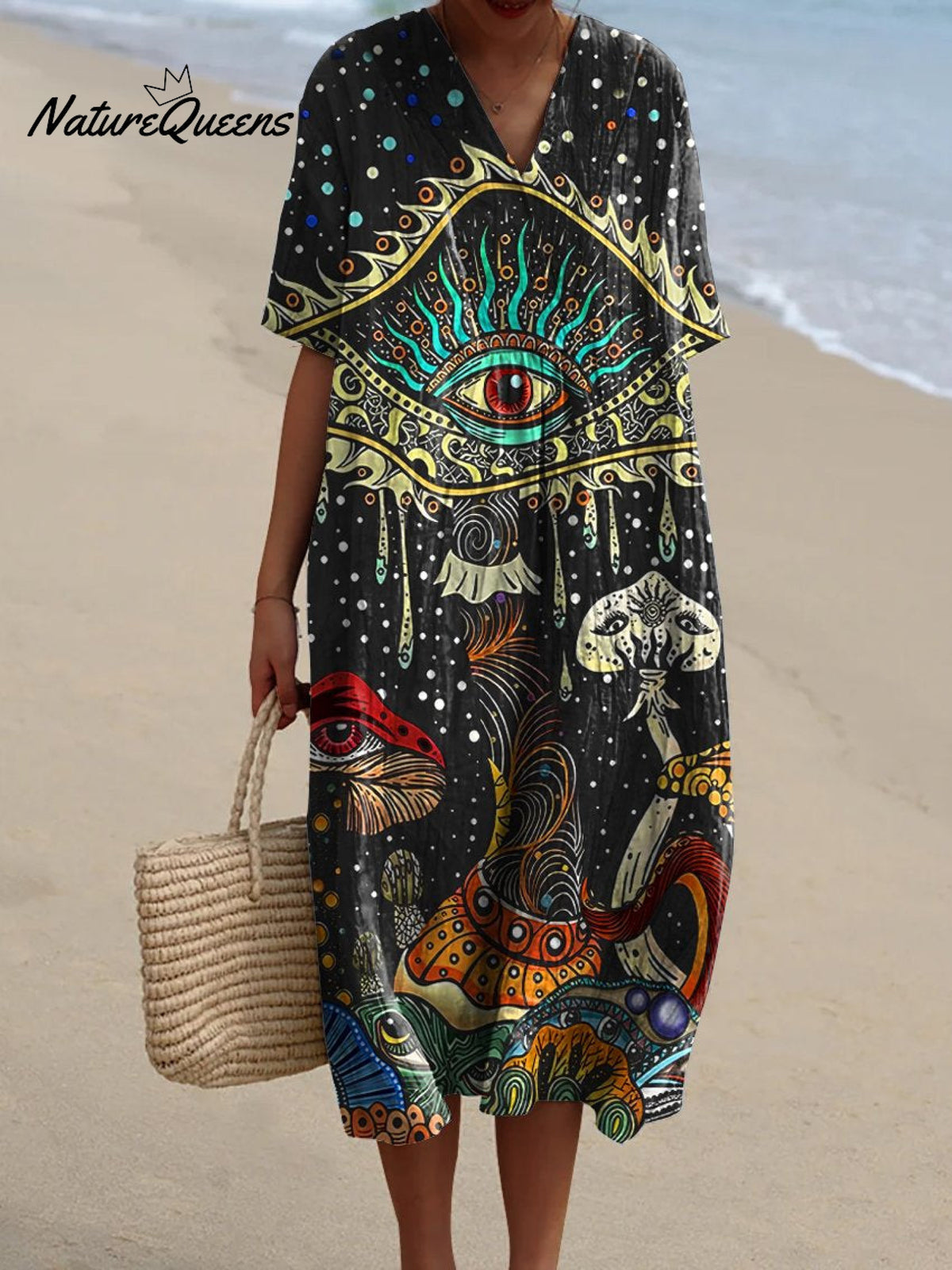 Women's Vintage Dark Psychedelic Eyes Mushroom Art Print Flowy Dress