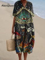 Women's Vintage Dark Psychedelic Eyes Mushroom Art Print Flowy Dress