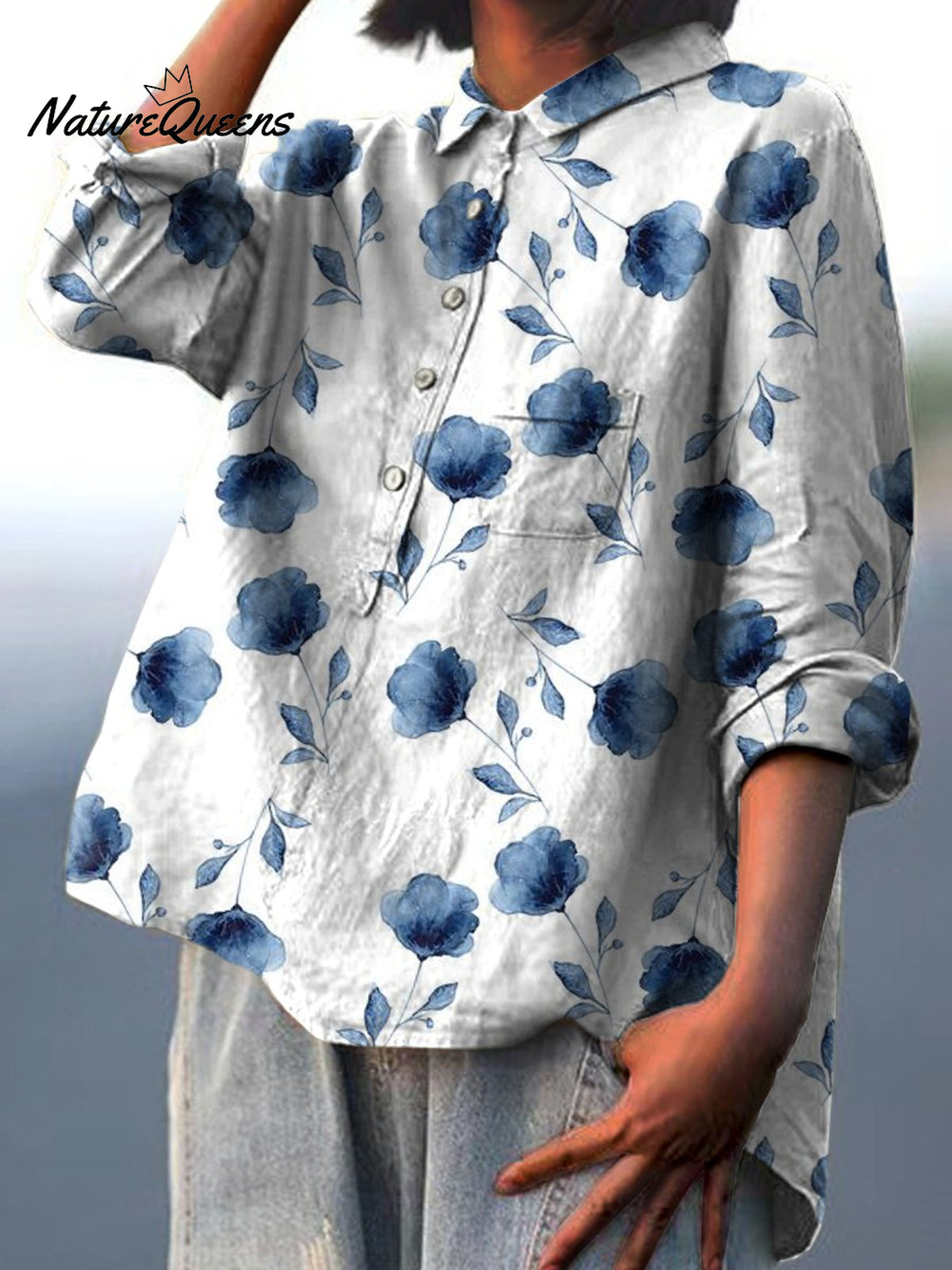 Women's Cute Little Blue Flower Print Casual Cotton And Linen Shirt