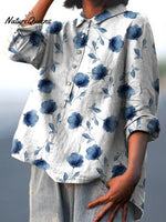 Women's Cute Little Blue Flower Print Casual Cotton And Linen Shirt