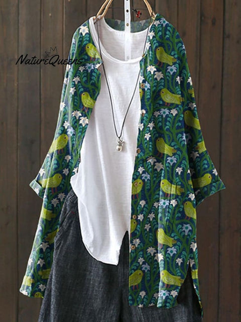 Women's Flower&Bird Print Loose Casual Top Jacket