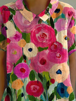 Vibrant Summer Garden Art Printed Women's Casual Cotton And Linen Shirt