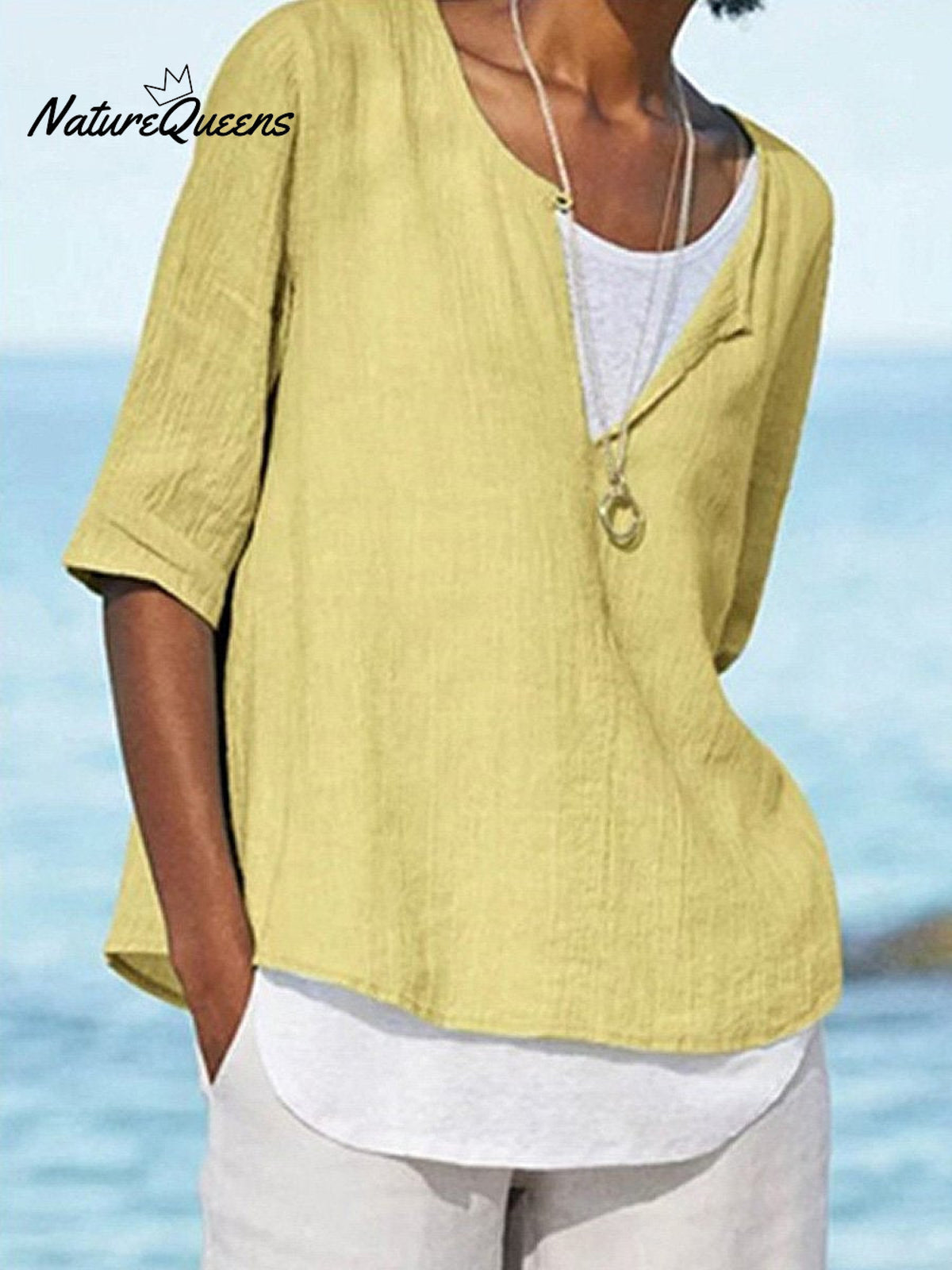 Women's Solid Color Loose Elegant Casual Cotton And Linen Mid-sleeve Shirt