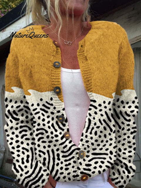 Retro Abstract Geometric Art Print Buttoned Casual Cardigan  Sweater