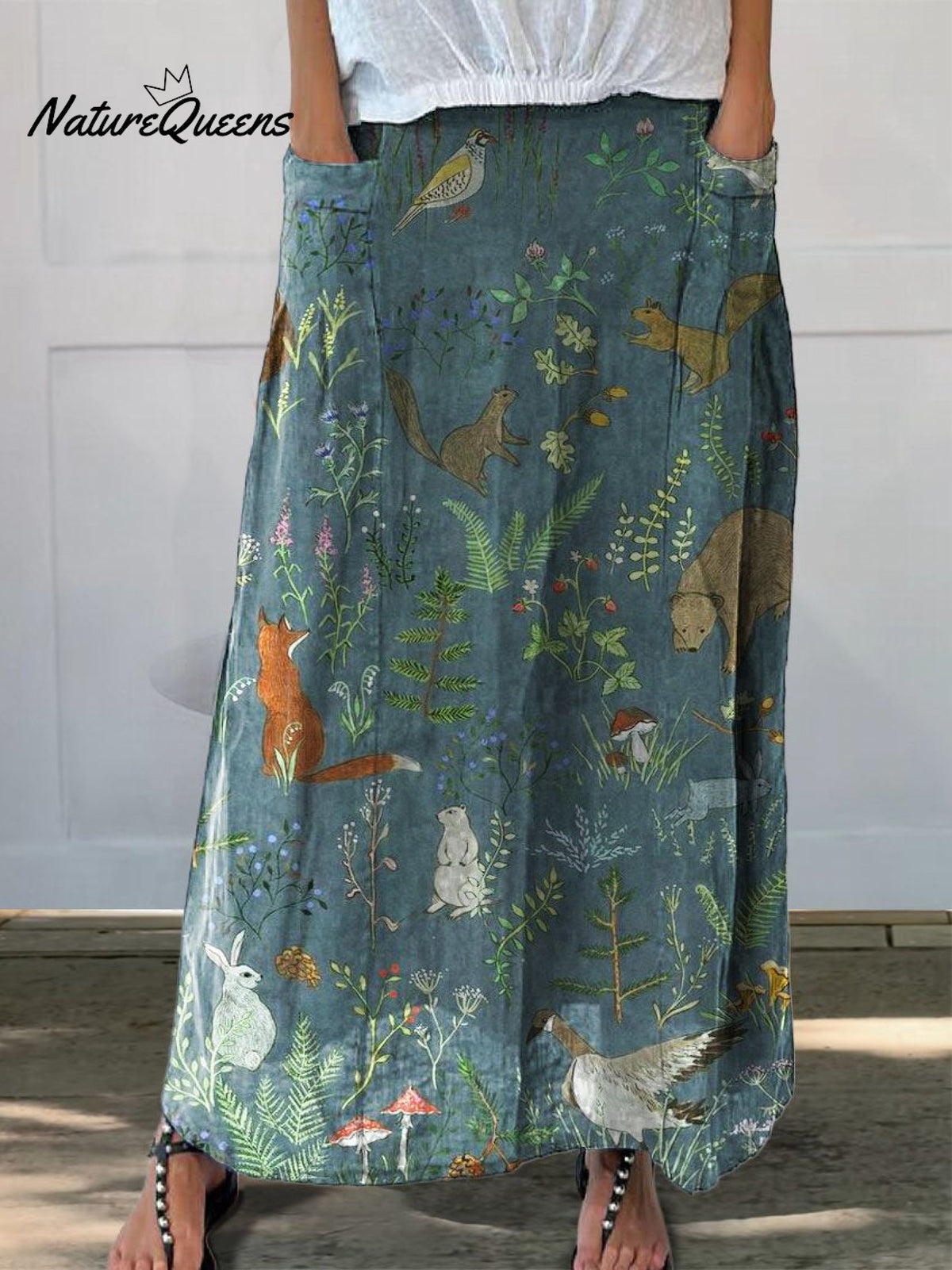 Women’s Retro Floral Animals Art Casual Linen Pocket Skirt