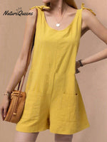 Women’s Cotton Overalls Casual Sleeveless Shorts Romper Jumpsuit Yellow / S