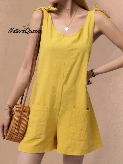 Women’s Cotton Overalls Casual Sleeveless Shorts Romper Jumpsuit Yellow / S