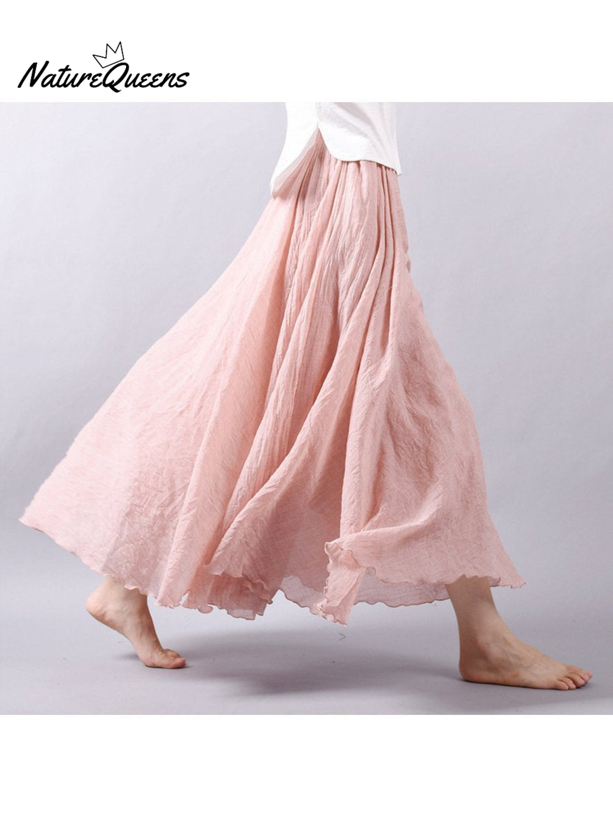 Women’s Cotton Linen Skirt Casual Elastic High Waist Pleated A-Line Beach Skirts Coral / S
