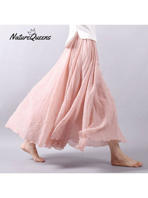 Women’s Cotton Linen Skirt Casual Elastic High Waist Pleated A-Line Beach Skirts Coral / S