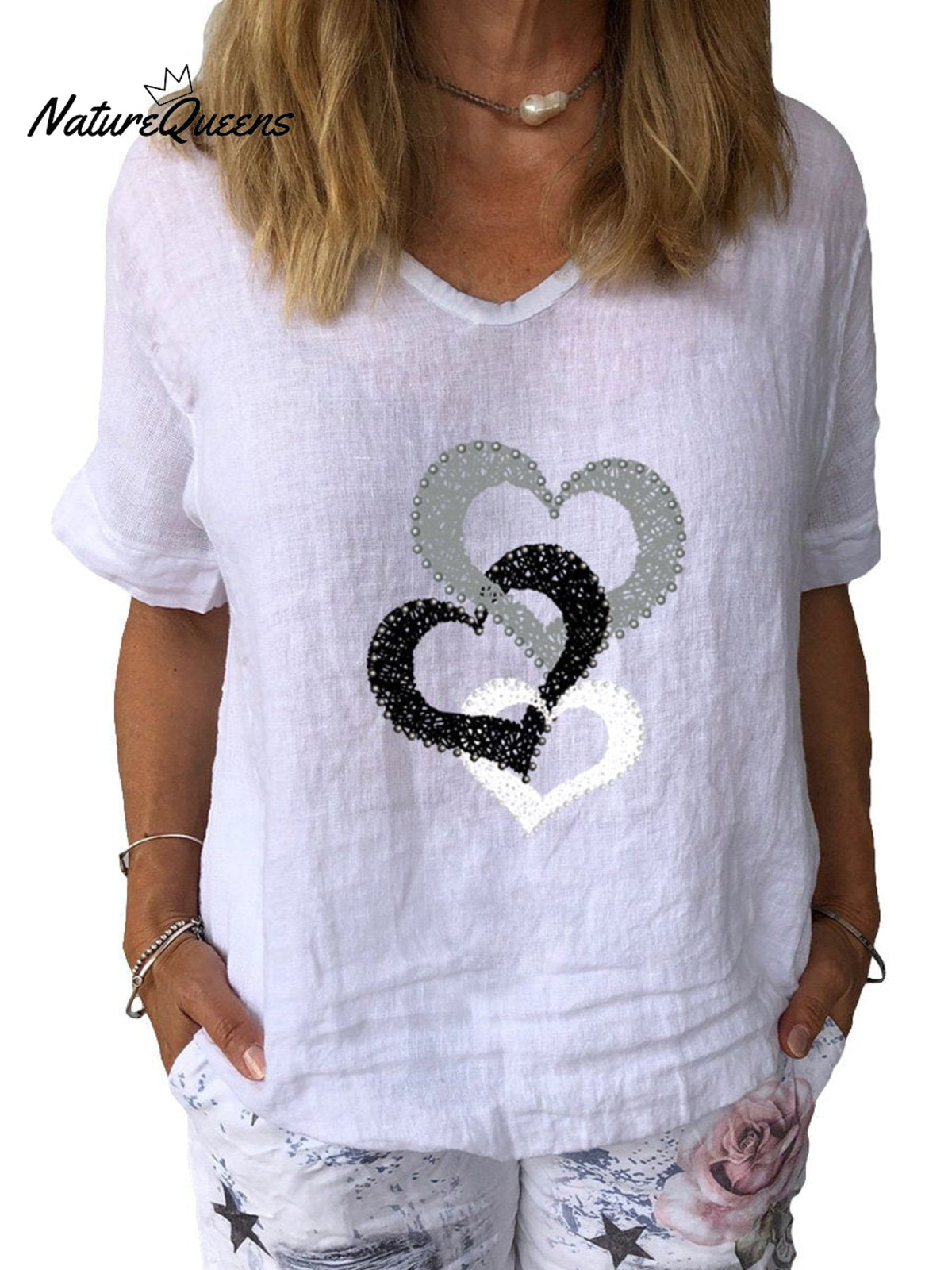 Women’s Love Art Print Cotton & Linen Casual Top White / S