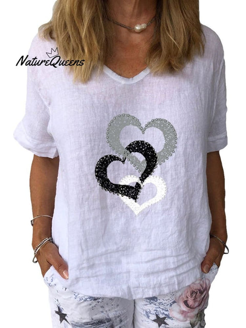 Women’s Love Art Print Cotton & Linen Casual Top White / S