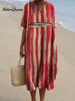 Women's Red Striped Sardines Watercolor Splash Fluid Art Print Flowy Dress