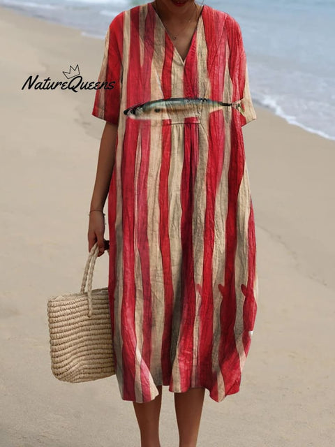 Women's Red Striped Sardines Watercolor Splash Fluid Art Print Flowy Dress