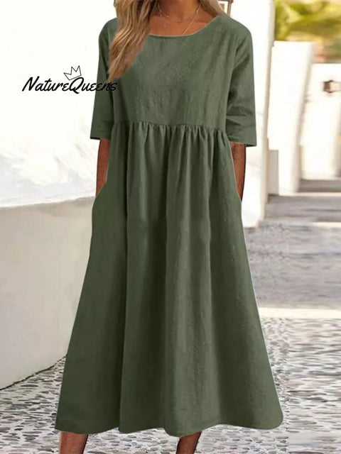 5 - Quarter Sleeve Casual Loose Solid Color Cotton And Linen Dress Green / S