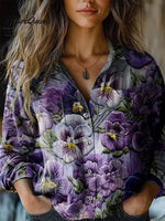 Purple Flowers Print Casual Long Sleeve Comfortable Cotton Shirt