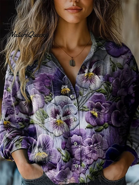 Purple Flowers Print Casual Long Sleeve Comfortable Cotton Shirt