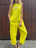 Women’s Tank And Casual Pants Linen Cotton Suit Yellow / S