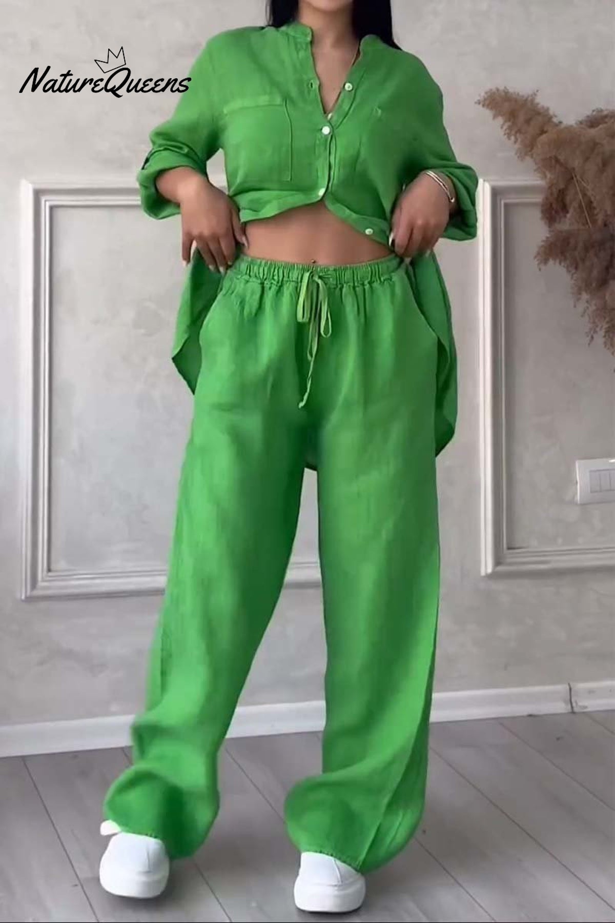 Casual solid color cotton and linen pants two-piece set