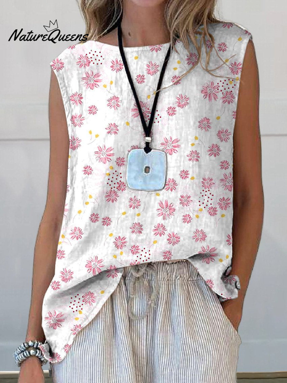 Pink Daisy Floral Pattern Printed Women’s Casual Cotton And Linen Tank Top Multicolor / S