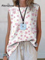 Pink Daisy Floral Pattern Printed Women’s Casual Cotton And Linen Tank Top Multicolor / S