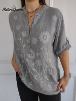 Women's Art Print Casual Cotton And Linen Henry Collar Shirt